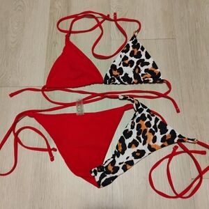 Red and Leopard Print Bikini Set